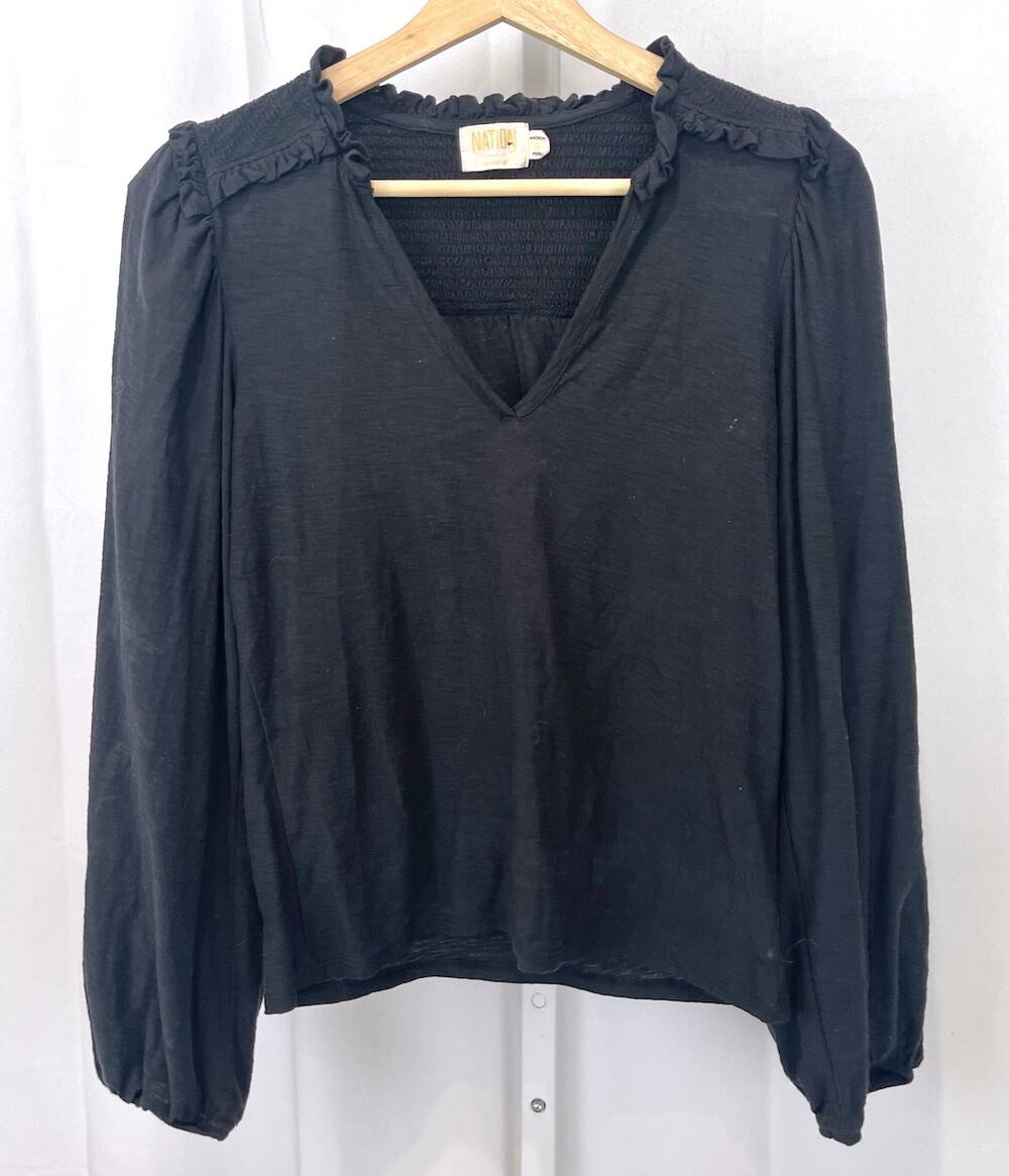 NATION Ltd Dolly Smocked Shoulder Top V Neck Pima Cotton Black Size S